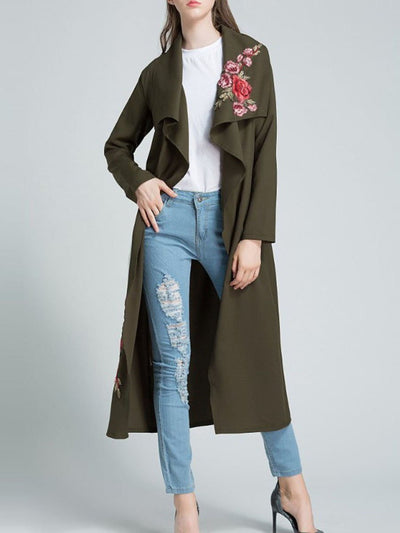 Lapel Belt Embroidery Patch Trench Coat