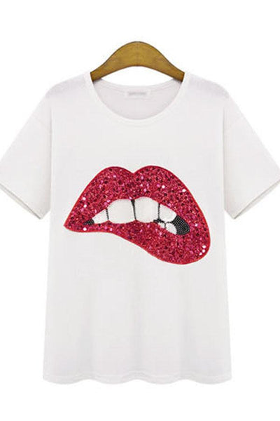 Round Neck Lips Glitter T-Shirts
