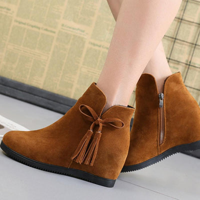 Plain  Invisible  High Heeled  Velvet  Round Toe  Outdoor Ankle Boots