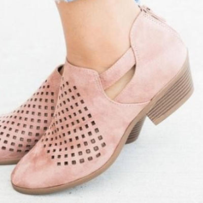 Hollow Out  Chunky  Low Heeled  Velvet  Round Toe  Outdoor Ankle Boots