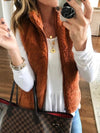 Brown Faux Fur Collar Zipper Plain Woman Vests