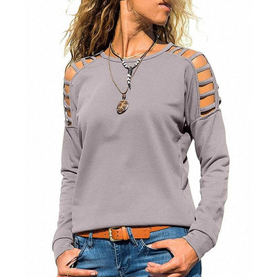 Round Neck Hollow Out Long Sleeve Plain T-Shirts