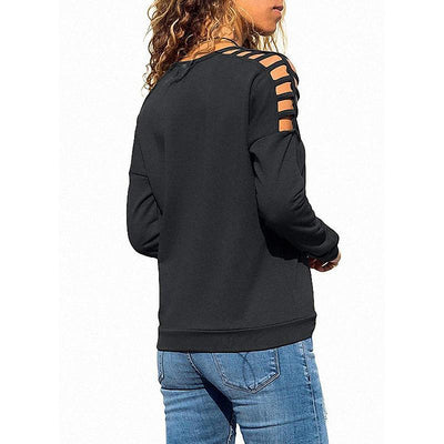 Round Neck Hollow Out Long Sleeve Plain T-Shirts