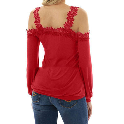 V Neck Lace Patchwork Hollow Out Long Sleeve T-Shirts