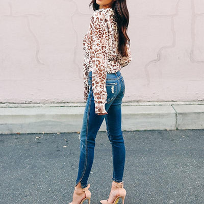 V Neck Lace Up Long Sleeve Leopard Printed Chiffon Blouses