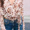 V Neck Lace Up Long Sleeve Leopard Printed Chiffon Blouses