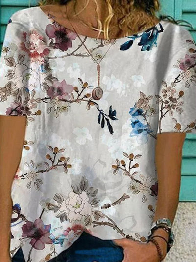 Round neck elegant flower printed short sleeve T-shirts