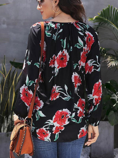 Loose floral print long sleeve large v-neck women Blouses