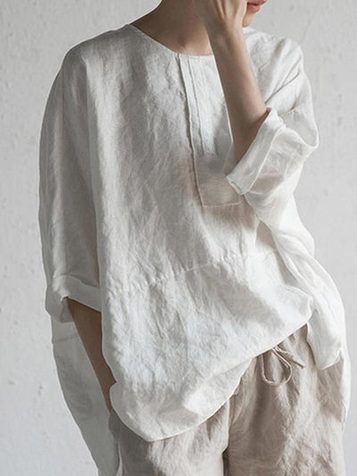 Loose Women Plain Cotton linen Three Quarter Sleeve Blouses