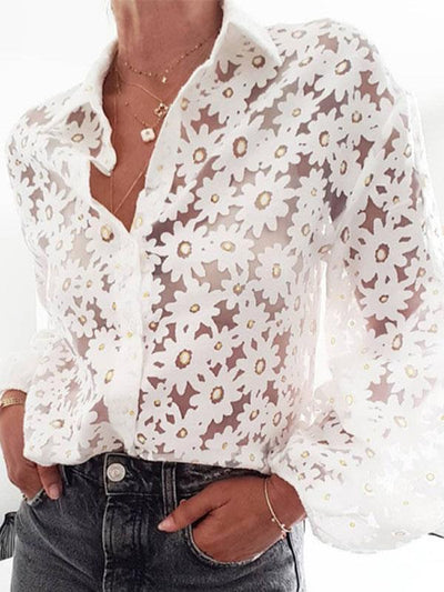 Women floarl printed white turn down long sleeve blouses