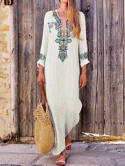 Cotton and linen women  long-sleeved folk style printed maxi dresses