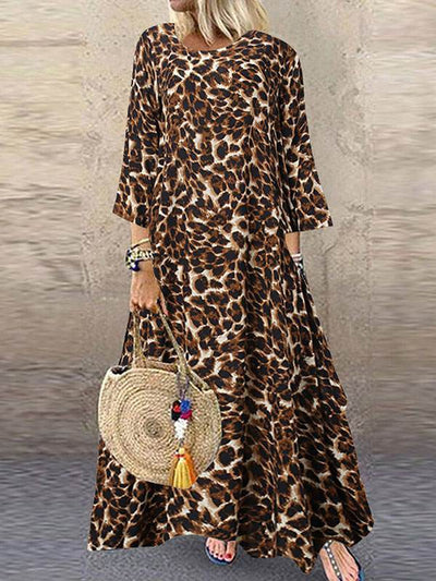 Vintage leopard printed round neck women maxi dresses