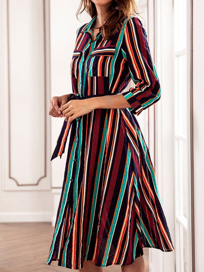Colorful Strip Print Casual Woman Shift Dress
