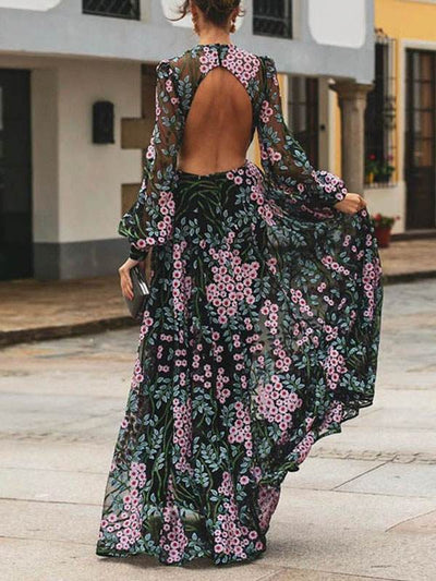Elegant floral printed women backless long sleeve chiffon maxi dresses