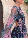 Elegant floral printed women backless long sleeve chiffon maxi dresses
