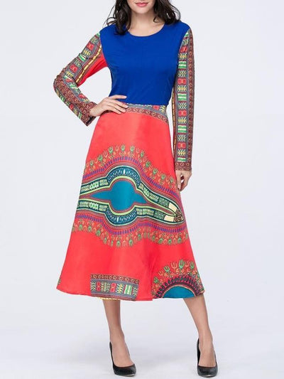 Ethnic style  Expansion Long sleeve Round neck Maxi Dresses