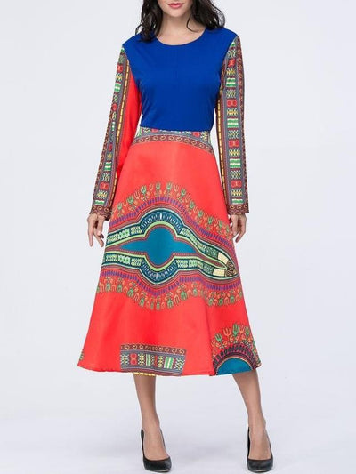 Ethnic style  Expansion Long sleeve Round neck Maxi Dresses