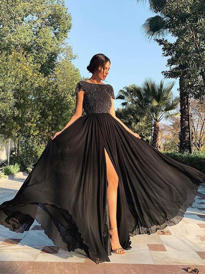 Elegant Chiffon Black Big Hem Evening Dresses