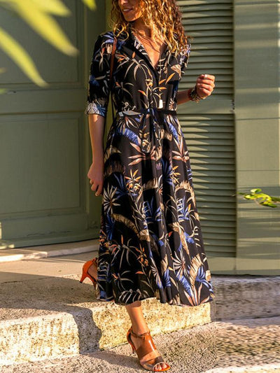 Single breasted long sleeve printed belted high-waist maxi dresses