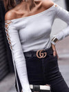 Plain Tie Sleeve Off Shoulder Spring Woman T-shirts