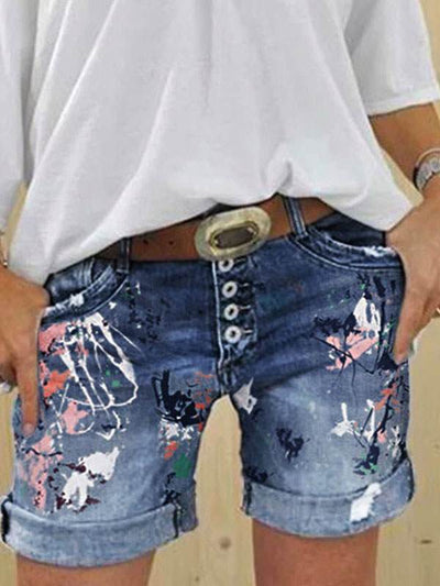 Denim shorts washed printed jeans