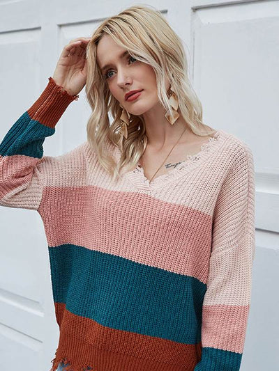 V-neck stripe contrast knit long sleeve open-back design sweaters