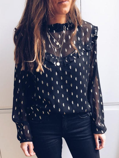 Black High collar leaf printed Woman Sexy Blouses