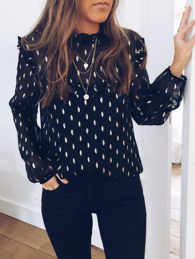 Black High collar leaf printed Woman Sexy Blouses