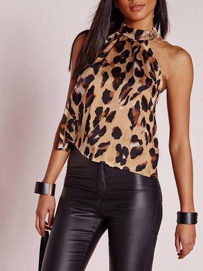 Fashion leopard printed band neck sexy slimming women backless vests