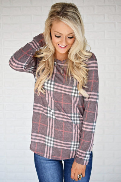 Round Neck Plaids Long Sleeve Casual T-Shirts