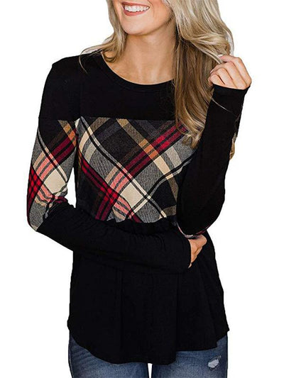 Woman Long Sleeve Round Neck Cutout Patchwork T-shirts