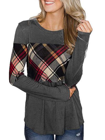 Woman Long Sleeve Round Neck Cutout Patchwork T-shirts
