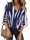 V-neck Mesh Fared Sleeve Stripe T-shirt