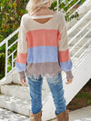 V-neck stripe contrast knit long sleeve open-back design sweaters