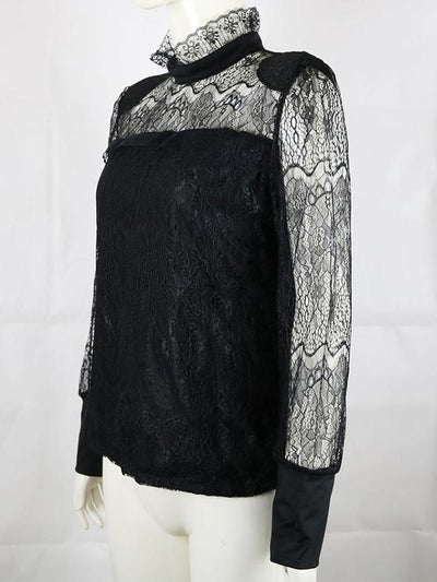 Sexy Long Sleeve Fashion Lace Black High Collar Blouses