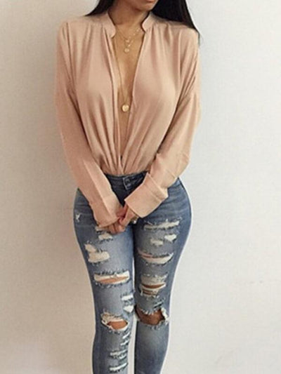 Stand up collar Long Sleeve Women Casual Loose Plain Blouse