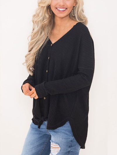 V Neck Button Tie Autumn Long Sleeve Sweater