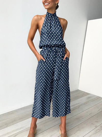 Summer sexy halter point printed Band Neck pocket jumpsuits