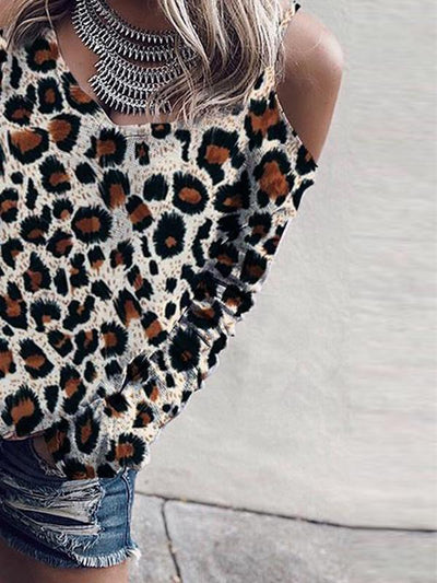 V Neck Cutout Leopard Print Off Shoulder T-Shirts