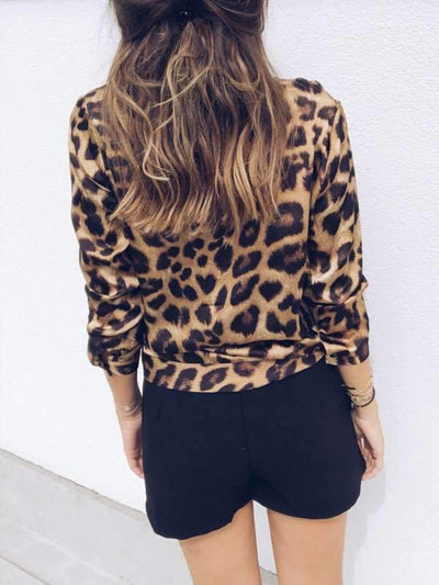 Sexy Big Leopard Printed Long Sleeve Deep V neck T-shirts