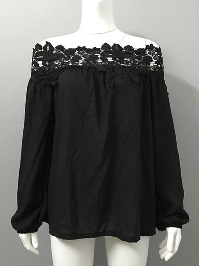 Black Spun Rayon Sexy Open Shoulder Lace Stitching Long Sleeve Blouses