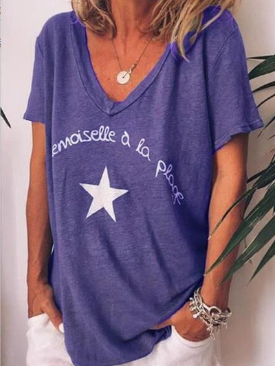 Casual Loose Women Star printed V neck Short Sleeve T-shirts