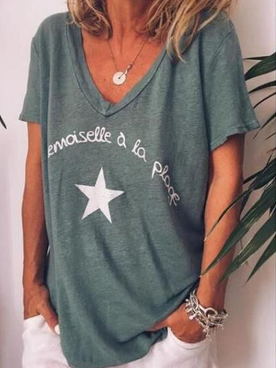 Casual Loose Women Star printed V neck Short Sleeve T-shirts