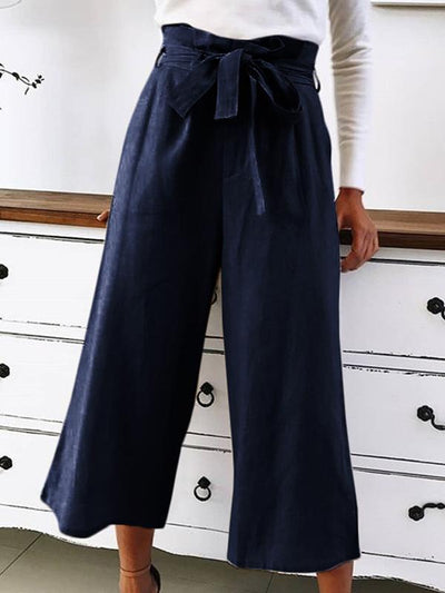 Summer plain loose belted casual wide leg woman pants