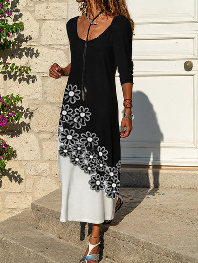 Fashion printed black and white flower dress long sleeve round neck long dress maxi dresses