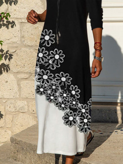 Fashion printed black and white flower dress long sleeve round neck long dress maxi dresses
