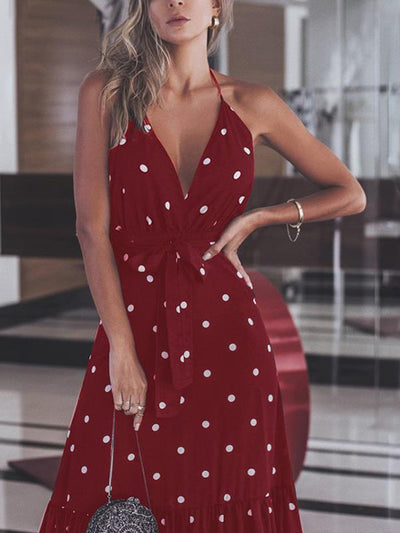 Sexy v-neck neckband backless gown wave pot maxi dresses