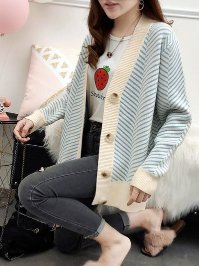 Casual Buttoned Knitted Shift Stripes Sweater Coat