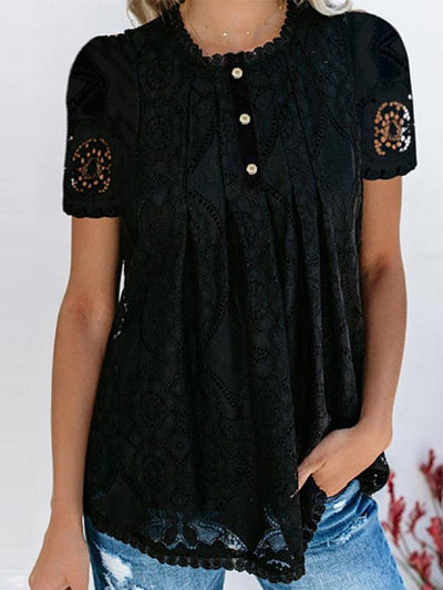 Round Neck Decorative Lace Single Breasted Lace Blouses
