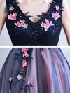 Embroidery Lace Contrast Deep V Neck Mesh Stereo Flowers Evening Dresses